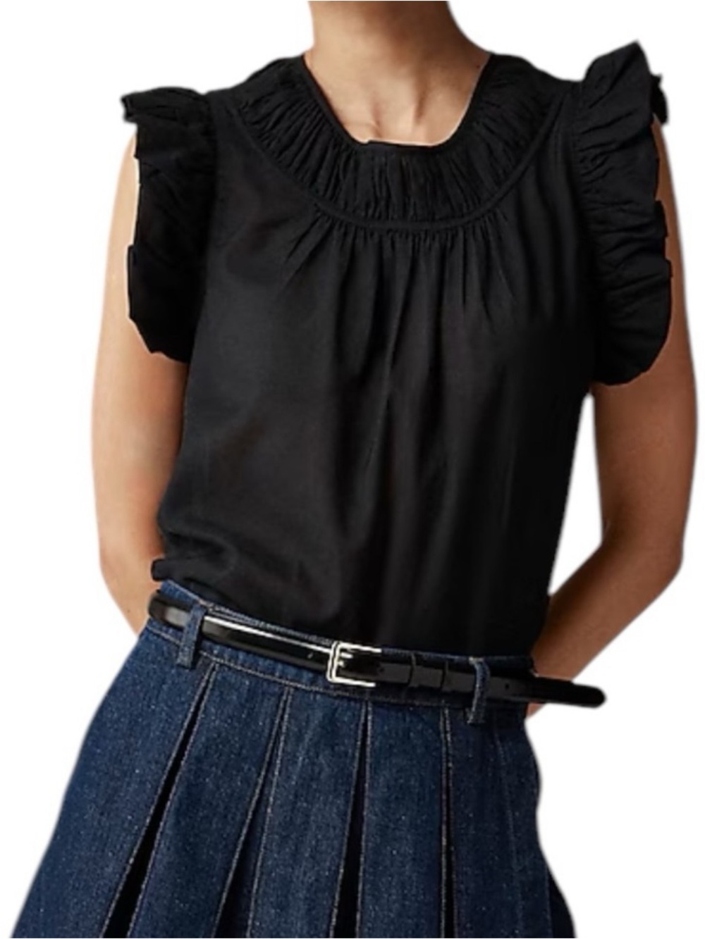 J.Crew Gathered Ruffle-Sleeve Black Top In Cotton Blend Voile